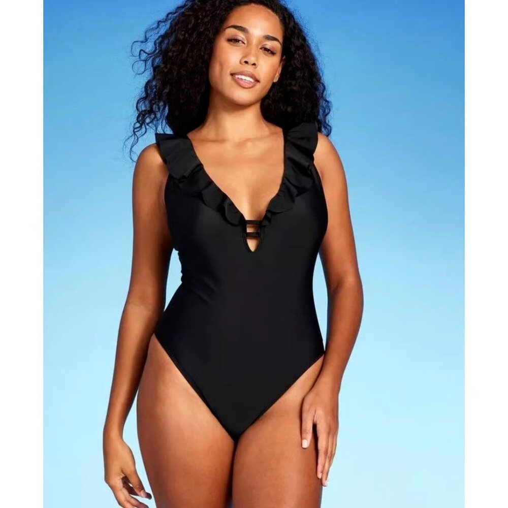 Shade & Shore Women's Ruffles Plunge One Piece Black Swimsuit Size L, 16, 18